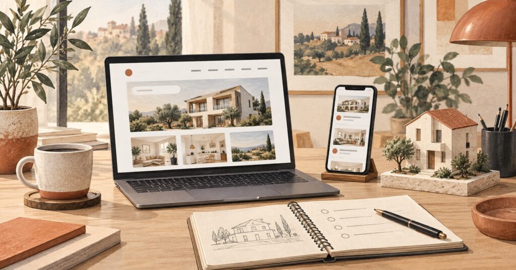 Illustrazione di sito immobiliare, social e piano dei contenuti su una scrivania
